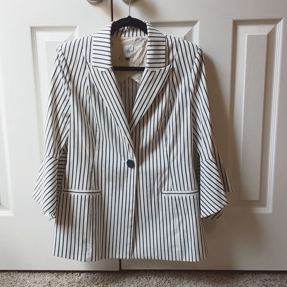 Cabi Ticking Bell Sleeve Navy Pinstripe Jacket Style# 5295 Sz 4